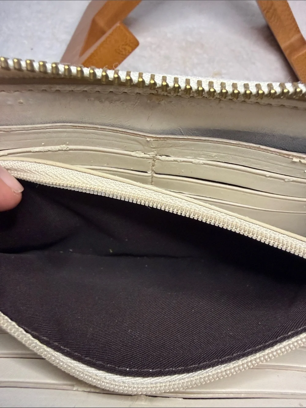 Coach Tan Signature Zip Wallet with Logo Plaque